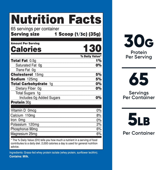Nutricost Grass-Fed Whey Protein Isolate (Unflavored) 5Lbs - Rbgh Free