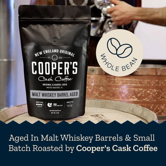 Whiskey Barrel Aged Coffee, Single-Origin Sumatra Beans Aged In American Malt Whiskey Barrels, Medium Dark Roast Whole Bean, 12 Oz