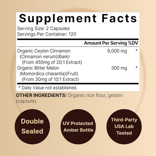 Naturebell 2 Pack Ceylon Cinnamon 9000Mg Per Serving, 480 Capsules | Made With Organic Sri Lanka Ceylon Cinnamon Plus Organic Bitter Melon – Non-Gmo, No Gluten