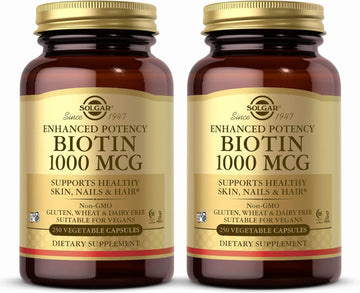 Solgar Biotin 1000 Mcg - 250 Vegetable Capsules, Pack Of 2 - Supports Healthy Skin, Nails & Hair - Non-Gmo, Vegan, Gluten Free, Dairy Free, Kosher, Halal - 500 Total Servings
