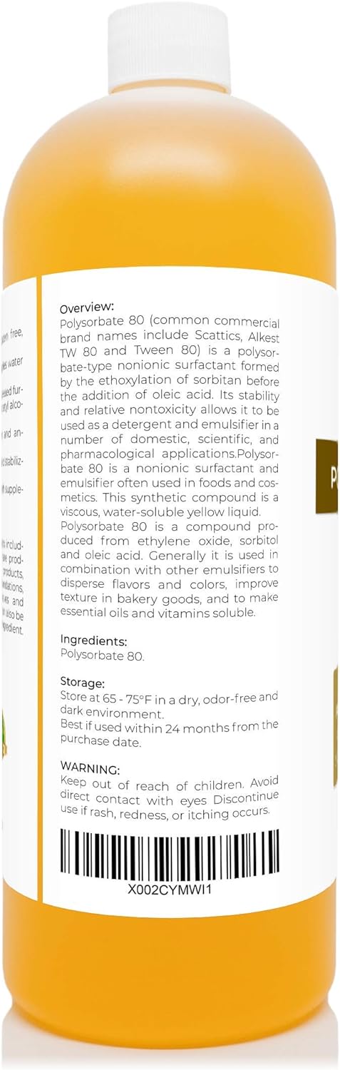 Polysorbate 80 by Velona - 32 oz | Solubilizer, Food & Cosmetic Grade | All Natural for Cooking, Skin Care and Bath Bombs, Sprays, Foam Maker | Use Today - Enjoy Results : Beauty & Personal Care