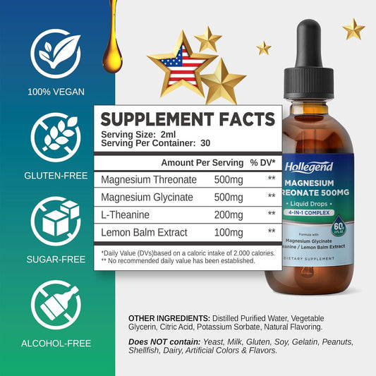 Magnesium Threonate Liquid Drops, Magnesium Threonate 500Mg With Glycinate, L-Theanine, Lemon Balm, Supplement For Kids & Adults, Brain Health, 2 Fl Oz