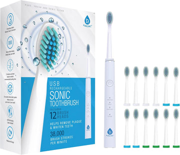 Pursonic Whitening Usb Rechargeable Sonic Toothbrush-12 Brush Heads!- 38,000 Brush Strokes Per Minute-3 Brushing Modes With 2 Minute Auto Timer (Black)