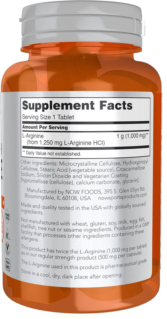 Now Sports Nutrition, L-Arginine Double Strength 1000Mg, Nitric Oxide Precursor, Amino Acids, 60 Tablets