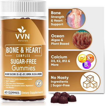 Vvn Naturals Vegan Calcium Gummies K2 Vitamin Supplement With Mk-7 & Vitamin D3, Magnesium & 13 Trace Minerals, Supporting Bone Density | Plant Based | B12 - Bone & Heart Complex, 60 Ct