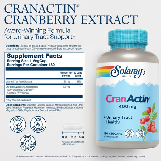 Solaray Cranactin Cranberry Extract 400 Mg - Cranberry Supplements For Women And Men - Bladder And Urinary Tract Health Support With Vitamin C - Vegan, 60-Day Guarantee, 180 Servings, 180 Vegcaps
