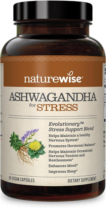 Naturewise Ashwagandha For Stress | Calming Ksm-66 Herbal Supplement Extract + Gaba, L-Theanine, Rhodiola Rosea, Light Brown, 60 Count