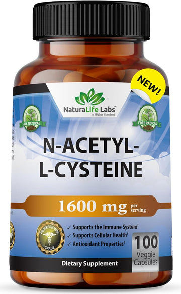 N-Acetyl-L-Cysteine (Nac) 1600 Mg Lung Health & Immune Support, Liver Support & Antioxidants*, Free-Radicals, Free Form - 100 Veggie Capsules