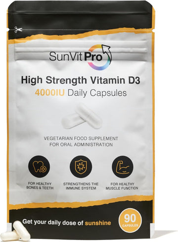 Sunvit-D3 Vitamin D3 4000 Iu Capsules | High Strength Vitamin D Capsules Supports Immune System, Bone, Teeth & Muscle Health | Gluten Free, Dairy Free | Vitamin D Supplements (90 Count)