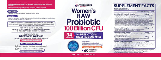 Wholesome Wellness Dr. Formulated Raw Probiotics For Women 100 Billion Cfus Capsules With Prebiotics, Digestive Enzymes, Approved For Adults, Shelf Stable Supplement