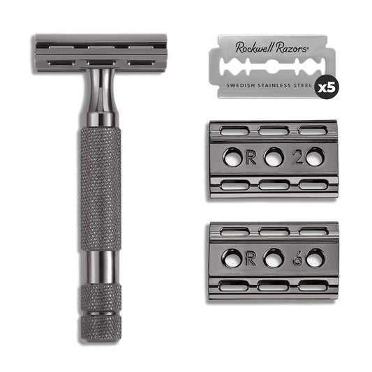 Rockwell Razors 6C Gunmetal Chrome Double-Edge Safety Razor With 6 Adjustable Shave Settings And 25 Blades