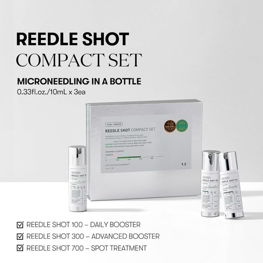 Vt Cosmetics Reedle Shot Compact Set, Microneedling Serum Gift Set With Reedle Shot 100, 300, 700, Exfoliating, Anti-Aging, Travel Size Skincare For Women (0.34 Oz / 10Ml Each)