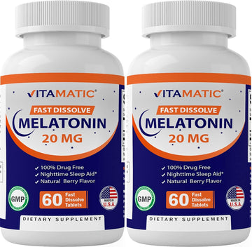 2 Pack High Potency Melatonin 20Mg Tablets | Vegetarian, Non-Gmo, Gluten Free | 60 Fast Dissolve Tablets | Natural Berry Flavor |