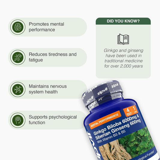 Zipvit Ginkgo Biloba 6000Mg & Siberian Ginseng 600Mg With Vitamin B3 & B5, Supports Energy & Mental Performance. 4 Months Supply, 120 Vegan Tablets, 1 A Day