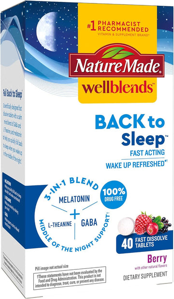 Nature Made Wellends Back To Sleep, Melatonin 1 Mg, L Theanine 100 Mg, And Gaba 100Mg, Sleep Supplement, 40 Fast Dissolve Tablets