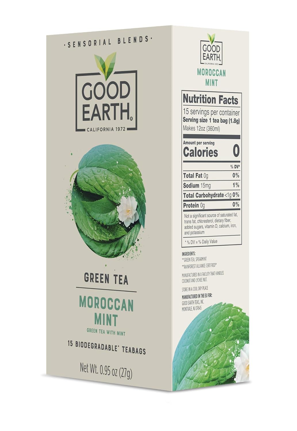 Good Earth Sensorial Blend All Natural Moroccan Mint Green Tea, 15 Count Tea Bags (Pack Of 5)