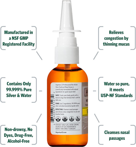 Argentyn 23 Professional Bio-Active Silver Hydrosol Sinus Relief - Colloidal Silver- 23Ppm, 2Oz (59Ml)  Natural Nasal Spray