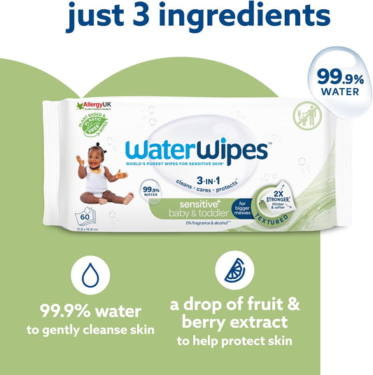 Waterwipes Sensitive+ Baby & Toddler Wipes, 180 Count (3 Packs), 3-In-1 Cleans, Cares, Protects, 99.9% Water, Textured Clean, Unscented