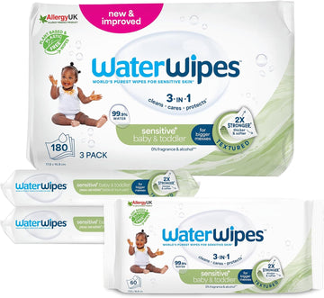 Waterwipes Sensitive+ Baby & Toddler Wipes, 180 Count (3 Packs), 3-In-1 Cleans, Cares, Protects, 99.9% Water, Textured Clean, Unscented