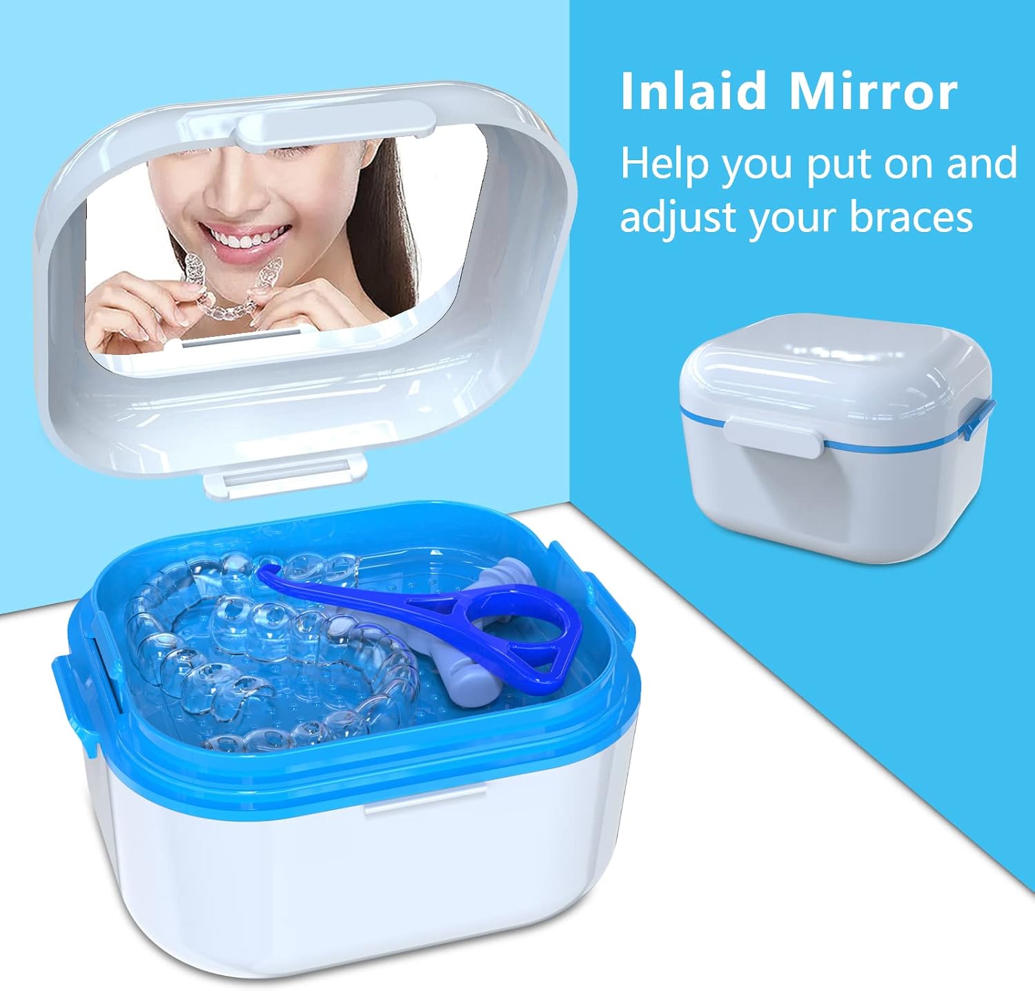Bvn Denture Case Denture Cup For Soaking Dentures Retainer Cleaner Case With Mirror Mouth Guard Case False Teeth Container White Blue : Health & Household