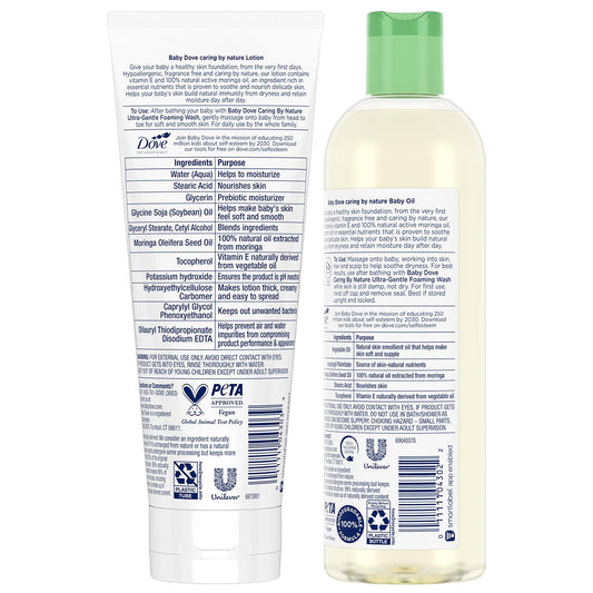 Dove Baby Oil & Baby Lotion, Caring By Nature – Hypoallergenic Oil & Lotion, Nourishing Moringa Oil & Vitamin E Oil For Skin, Fragrance Free, 8 Oz Ea (2 Piece Set)