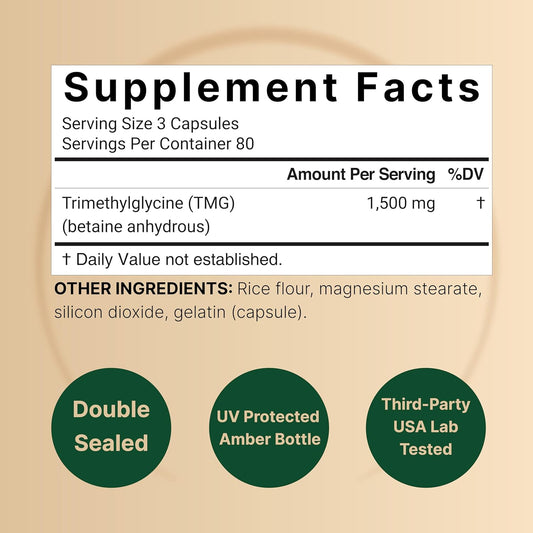 Naturebell Tmg Supplements 1,500Mg, 240 Capsules | Max Strength Betaine Anhydrous Trimethylglycine – Supports Healthy Homocysteine Balance, Heart & Liver Health – Non-Gmo, Gluten Free