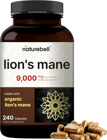 Naturebell Lions Mane Mushroom Supplement Capsules 9,000Mg, 240 Capsules | 120 Days Supply – Made With Organic Lion’S Mane Powder Extract – Cognitive Brain Nootropic & Immune Health Support – Non-Gmo