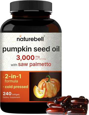 Naturebell Virgin Pumpkin Seed Oil 3,000Mg Per Serving With Saw Palmetto, 240 Softgel Capsules | Cold Pressed – Rich In Omega 6 & 9 Essential Fatty Acids – Prostate & Bladder Supplements, Non-Gmo