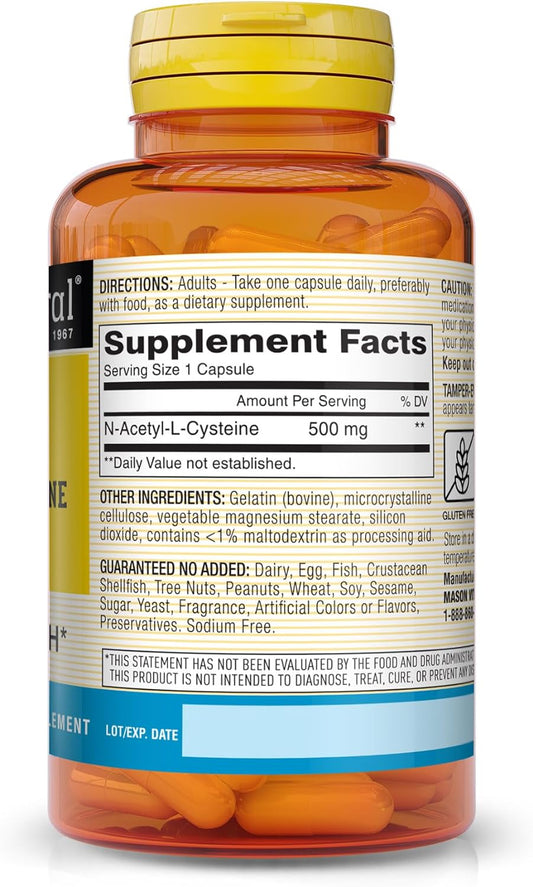 Mason Natural Nac N-Acetyl L-Cysteine 500 Mg - Supports Cellular Health, Immune System Booster, For General Wellness, 60 Capsules (Pack Of 3)