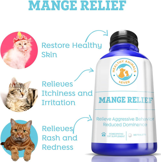 Healthyanimals4Ever Mange Relief For Cats - Treatment For Itchiness, Scabs, & Hair Loss Caused By Mites - All-Natural, Homeopathic, Non-Gmo, Organic - Gluten, Preservative & Chemical Free - 300 Ct
