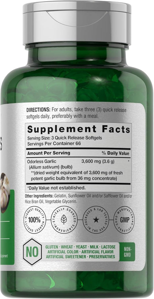 Horbäach Odorless Garlic Softgels 3600 Mg | 200 Count | Ultra Potent Garlic Extract | Non-Gmo & Gluten Free Supplement