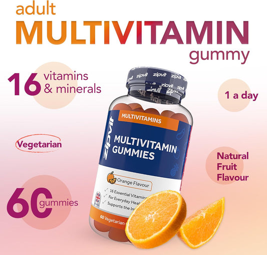 Zipvit Multivitamin Gummies For Women & Men, 2 Months Supply, 16 Essential Vitamins, Including Omega, Iron, Zinc, Vitamin B12, Vitamin C & Vitamin D, 60 Orange Flavour Multivitamin Gummies