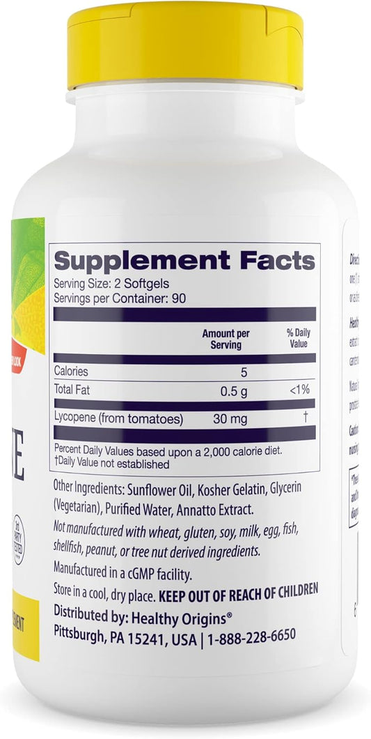 Healthy Origins Lycopene (Natural), 15 Mg - Antioxidant Supplement - Supports Heart Health & Prostate Health - Non-Gmo - Gluten-Free Supplement - 180 Softgels