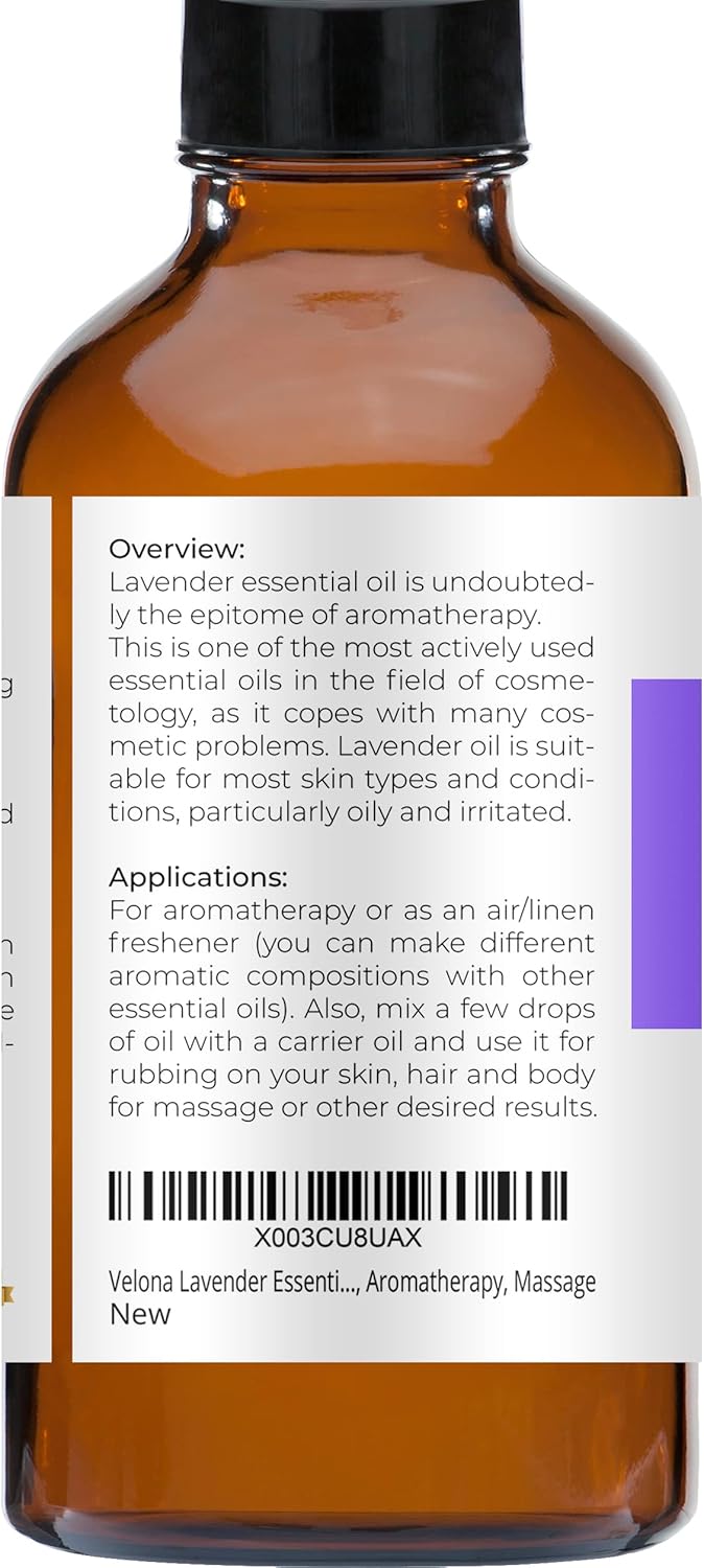 velona Lavender Essential Oil by Velona - 4 oz | Therapeutic Grade 100% Pure and Natural | for Aromatherapy Diffuser, Massage, Skincare, Haircare, Soapmaking : Health & Household
