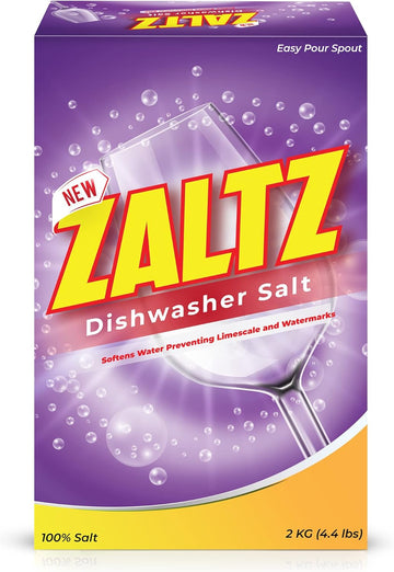 Zaltz Dishwasher Salt - Dishwasher Rinse Aid, Water Softener, Dishwasher Cleaner, Rinse Aid, Easy Pour Spout, Real Salt For Dishwasher, 4.4 Lb Box
