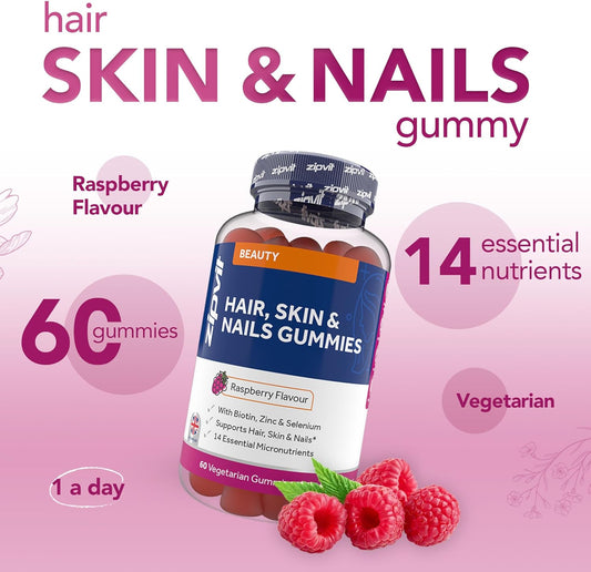 Zipvit Biotin Gummies 5000Mcg For Hair, Skin & Nails With Vitamin A, B, C, D, E & Selenium - 60 Raspberry Flavour Gummies - Hair Growth, Skin Health & Nail Care - 2 Months Supply For Men And Women