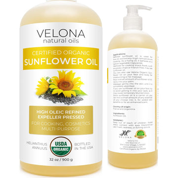 velona USDA Certified Organic Sunflower Oil - 32 oz | 100% Pure and Natural Carrier Oil | High Oleic, Refined, Cold Pressed | Cooking, Skin, Hair, Body & Face Moisturizing