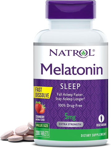 Natrol Melatonin Fast Dissolve Tablets, Helps You Fall Asleep Faster, Stay Asleep Longer, Easy To Take, Dissolve In Mouth, Strengthen Immune System, Maximum Strength, Strawberry Avor, 5Mg, 200 Count