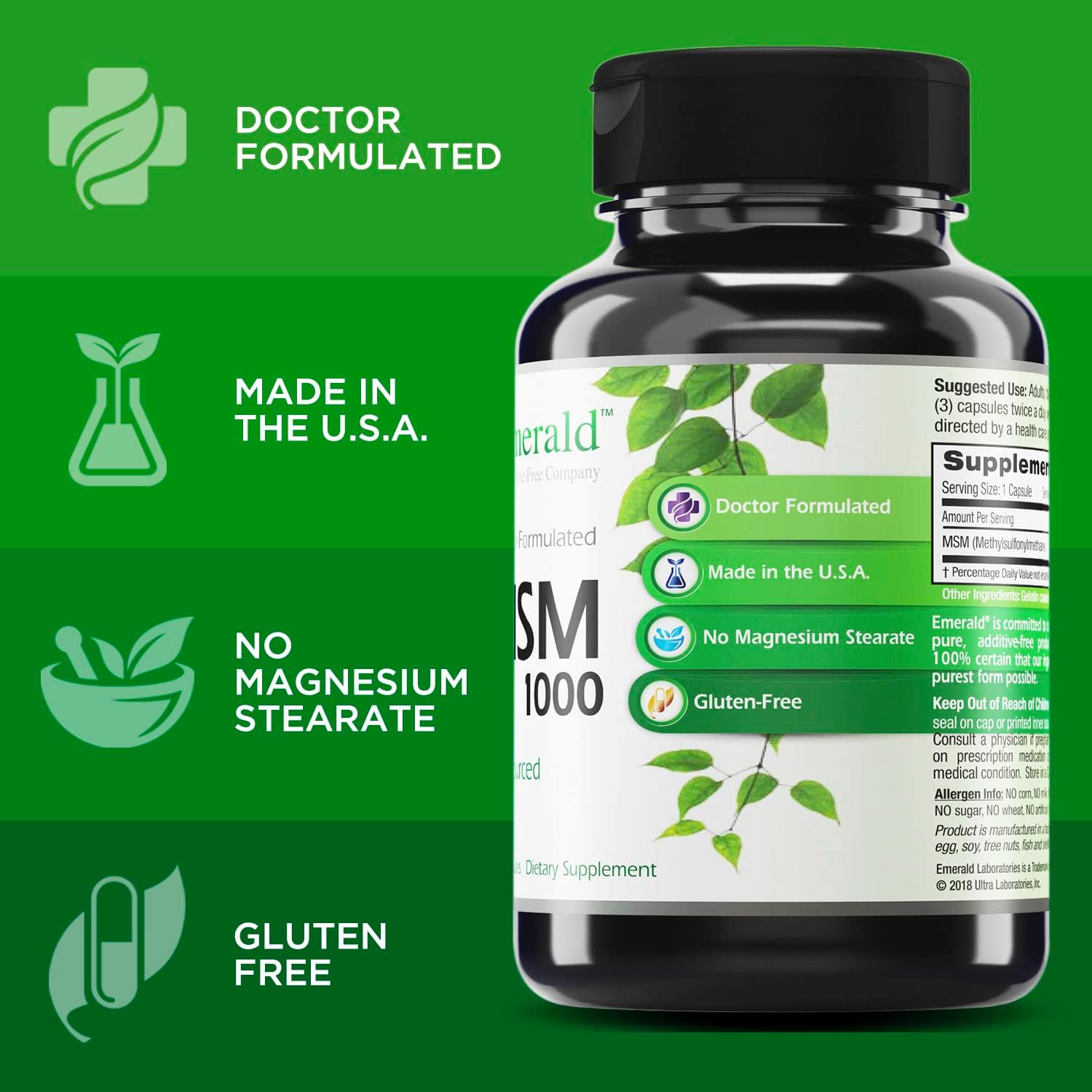 Ultra Botanicals Emerald Labs MSM 1000 mg - Dietary Supplement with Pl