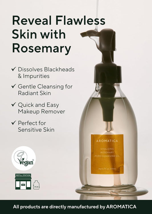 Aromatica Vitalizing Rosemary Pore Cleansing Oil 6.7 Fl Oz./200Ml – Double Cleanser & Makeup Remover, Oil-Based For Gentle Sebum Control, With Fermented Moringa & Essential Oils