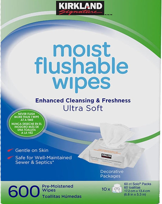 Kirkland Signature Moist Flushable Wipes 10 X 60 Pre-Moistened Wipes For The Entire Family