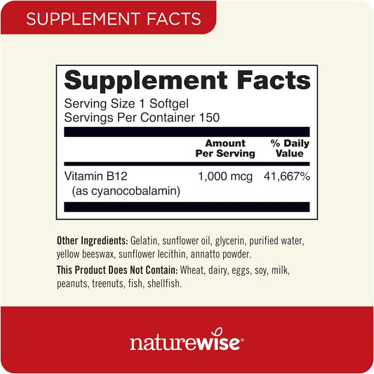 Naturewise Vitamin B12 1,000 Mcg For Mental Clarity & Cognitive Function + Energy Support For Maximum Vitality And Wellbeing | B12 (150 Softgels)
