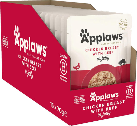 Applaws Natural Wet Adult Cat Food, Chicken With Beef In Jelly, 70G Pouch ( Pack Of 16 Pouches)8252Ml-A