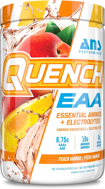 Quench Eaa Aminos + Electrolytes - Complete Blend Of 9 Eaas - 10G Total Amino Acids - Vitamins, Antioxidants, Electrolytes - Zero Sugar, Carbs, Calories (Peach Mango)