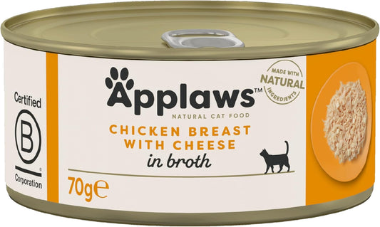 Applaws 100% Natural Wet Cat Food, Chicken With Cheese In Broth, 70 G Tin Cans (Pack Of 24)1006Ne-A