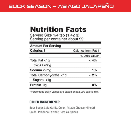 Buck Season - Low Sodium, No Msg, Gluten Free, All Natural, Gourmet Healthy Meal Prep Seasoning (Asiago Jalapeño)