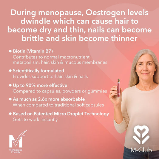 M-Club Biotin Skin, Hair & Nails Oral Supplement Spray 14Ml – Fast-Absorbing, 30-Day Supply – Biotic Promotes Hair Growth, Strengthens Nails – Menopause, Vegan, Non-Gmo – Peppermint Flavour
