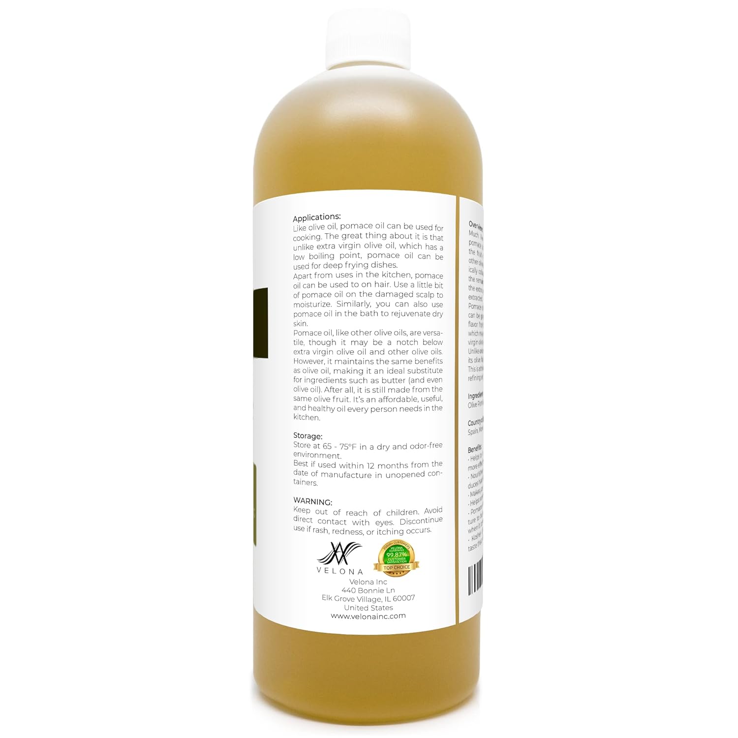 velona Olive Pomace Oil 32 oz | 100% Pure and Natural Carrier Oil | Refined, Cold pressed | Cooking, Skin, Hair, Body & Face Moisturizing | Use Today - Enjoy Results : Beauty & Personal Care
