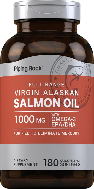 Piping Rock Salmon Oil Supplements for Humans 1000mg | 180 Softgels | Virgin Wild Alaskan Full Range | Non-GMO, Gluten Free