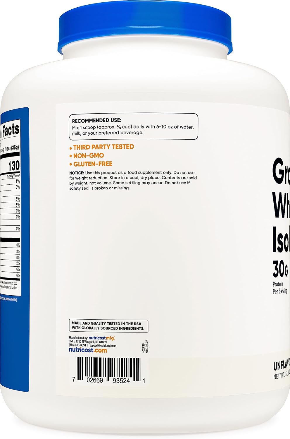 Nutricost Grass-Fed Whey Protein Isolate (Unflavored) 5LBS - rBGH Free